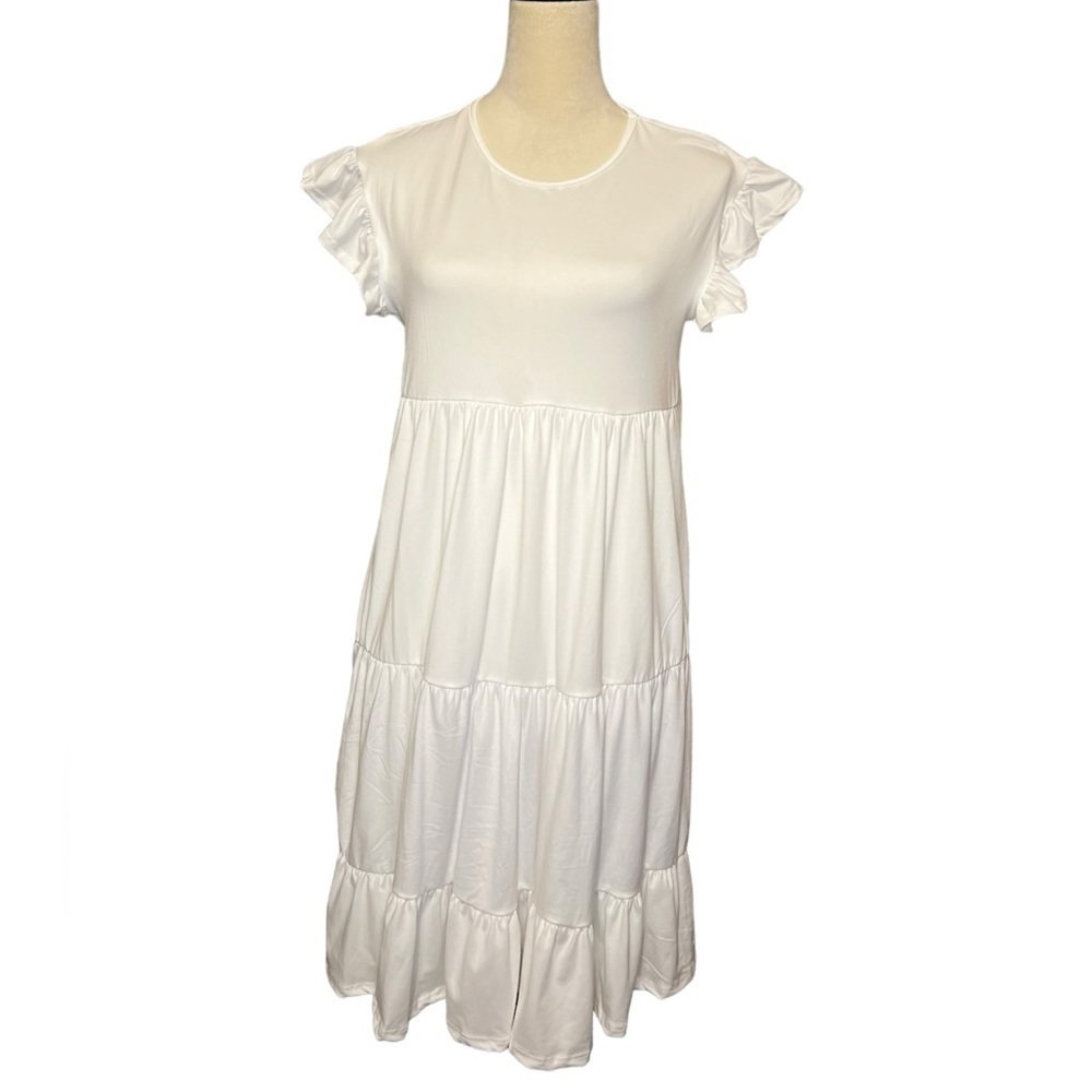 Small plain white tier ruffle flowy stretchy dress NWOT